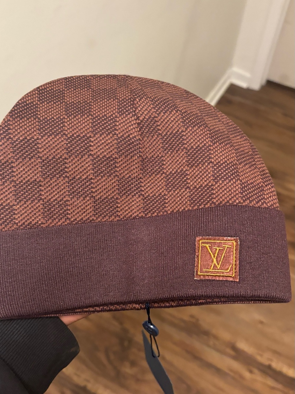 Louis Vuitton Chocolate Checkered Beanie with Gold LV Patch
